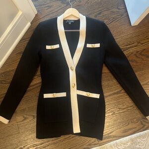 NEW EXPRESS $168 BLACK TIPPED NOVELTY BUTTON SWEATER JACKET SZ S SMALL